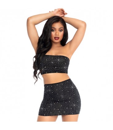 TOP Y FALDA OPACO DE LYCRA CON STRASS NEGRO