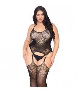 BODYSTOCKING DE ENCAJE SIN COSTURAS CON LIGUERO - NEGRO