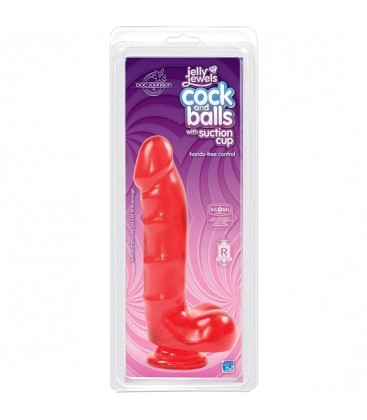 JELLY JEWELS PENE CON TESTICULOS Y BASE DE SUCCIoN ROJO RUBi