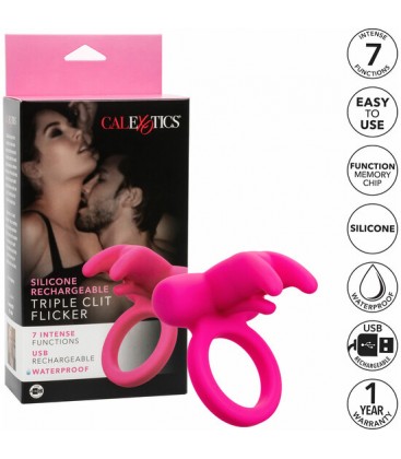 ANILLO VIBRADOR TRIPLE CLIT FLICKER RECHARGE FUCSIA