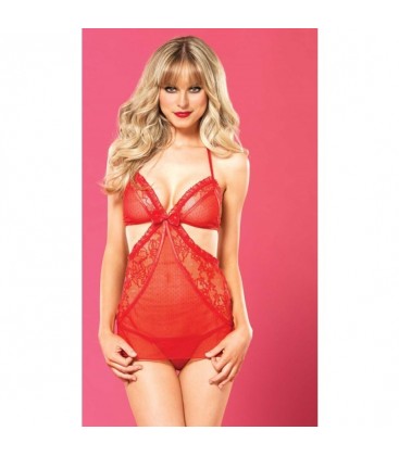 LEG AVENUE CONJUNTO 2 PIEZAS CHEMISE TIPO DELANTAL CON CINTA SATeN Y TANGA ROJO