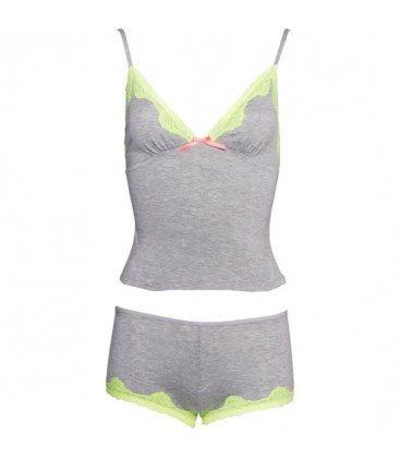 SERAPHINA CONJUNTO TOP Y SHORT GRIS CON ENCAJE AMARILLO