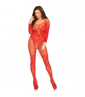 LEG AVENUE VINE LACE AND NET BODYSTOCKING ROJO