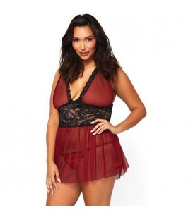 LEG AVENUE CONJUNTO PICARDiAS BURDEOS BABYDOLL CON TANGA