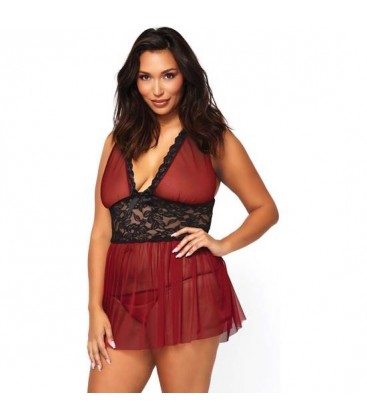 LEG AVENUE CONJUNTO PICARDiAS BURDEOS BABYDOLL CON TANGA